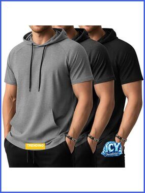 3 Pack Men's Big & Tall Short Sleeve Hoodies Athletic Pullover with Pocket